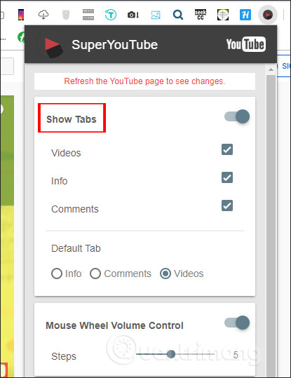 Hiện tab mặc định 