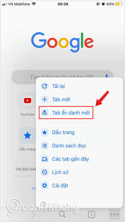 Mở tab ẩn danh mới trên Chrome iOS