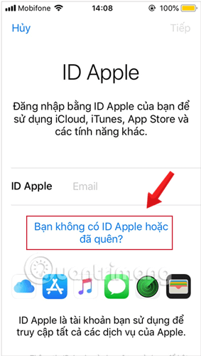 Chọn Bạn không có ID Apple hoặc đã quên? và chọn Tạo ID Apple