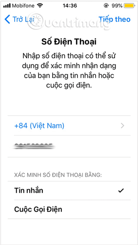 Nhập số điện thoại sử dụng để xác minh tài khoản