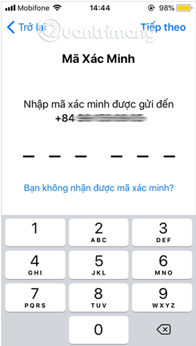 Nhập mã xác minh được gửi về số điện thoại