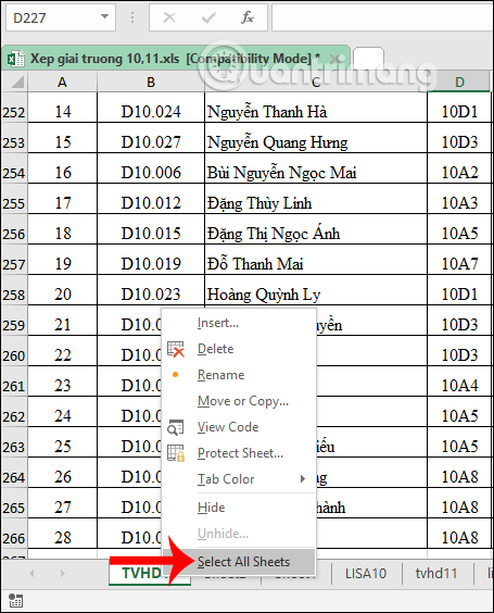 Chọn các sheet