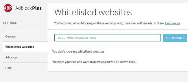 Phương pháp của ABP trong việc thêm vào các trang web vào whitelist dễ sử dụng hơn