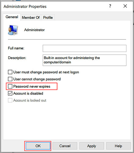 Bỏ chọn tùy chọn “Password Never Expires”