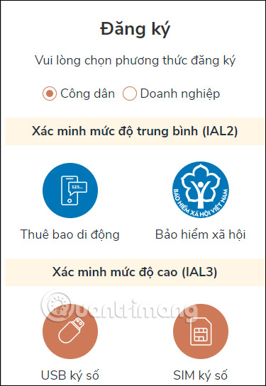 Chọn phương thức đăng ký 