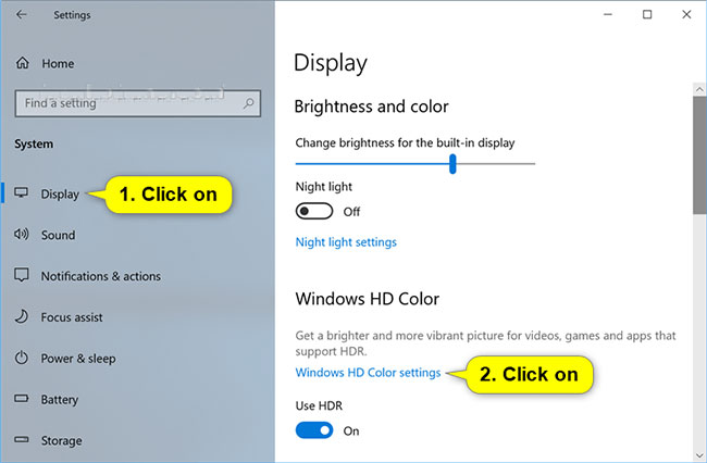 Nhấn vào Display ở phía bên trái và nhấn vào liên kết Windows HD Color settings ở phía bên phải trong Windows HD Color