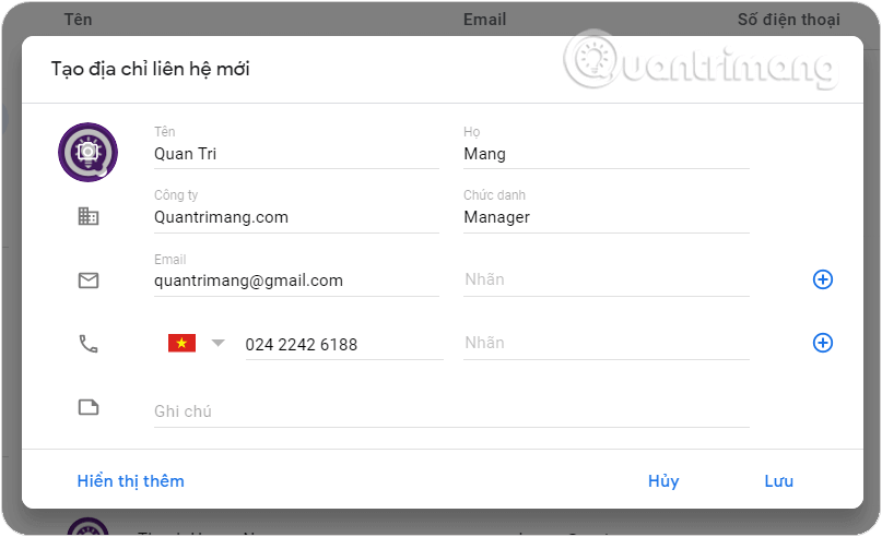 Nhập thông tin liên hệ muốn thêm mới vào Gmail