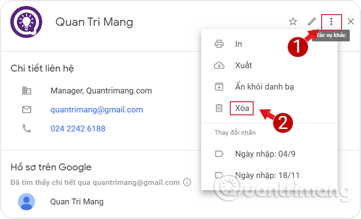 Xóa danh bạ đã lưu trong Gmail