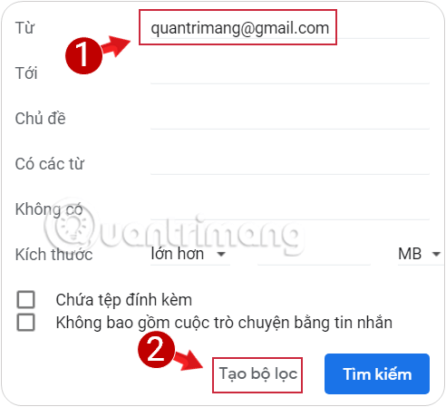 Tạo bộ lọc với Thư đến từ các email phụ