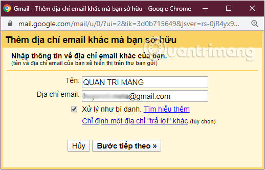 Nhập địa chỉ email muốn gộp vào tài khoản Gmail chính