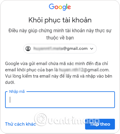 Điền mã xác minh được gửi đến email khôi phục