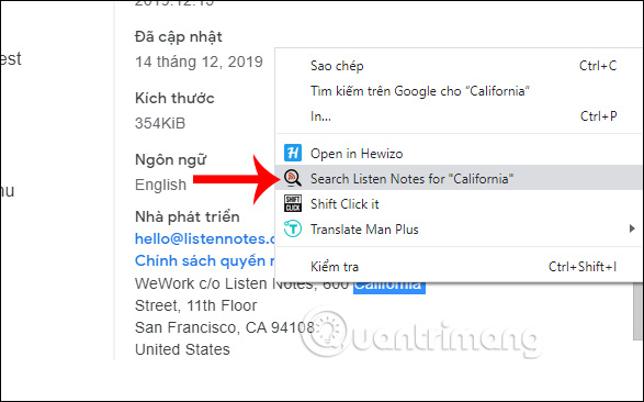 Tìm từ menu chuột phải