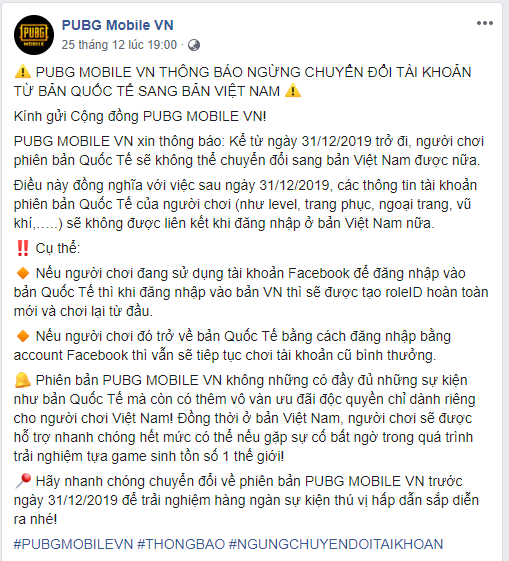 Thông báo ngừng chuyển đổi tài khoản từ bản quốc tế sang bản việt Nam của PUBG MOBILE VN đăng trên fanpage.