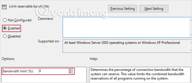 Chọn Enabled tại mục Limit Reservable Bandwidth