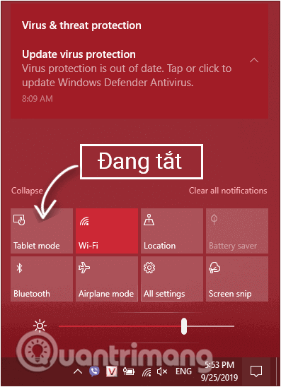 Nhấp vào nút Tablet Mode để bật hoặc tắt tính năng