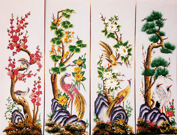 Tranh đá quý Tứ quý Tùng, Cúc, Trúc, Mai