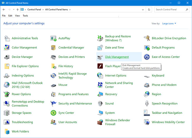 Cách thêm Disk Management vào Control Panel trong Windows 10/8/7