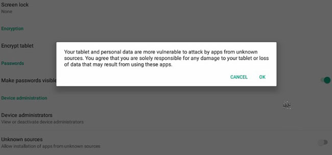 Kích hoạt Unknown Sources trong menu Settings > Security