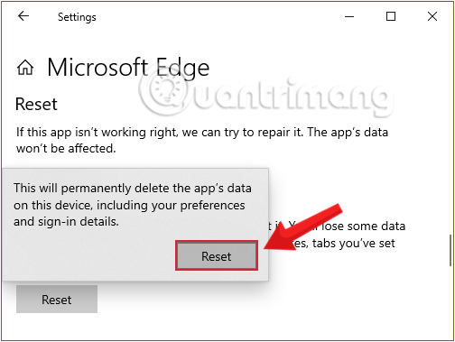 Xác nhận Reset Edge một lần nữa trước khi Windows thực hiện