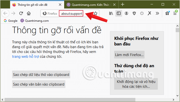 Truy cập about:support trên Firefox