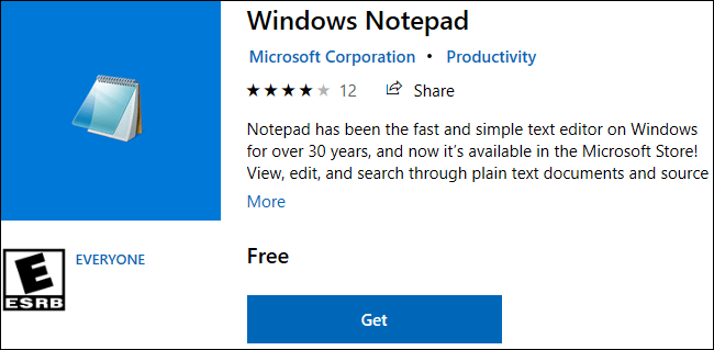 Notepad sẽ vắng mặt trong Store trên Windows 10