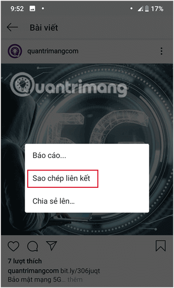 Sao chép liên kết để hình ảnh Instagram tự động tải về