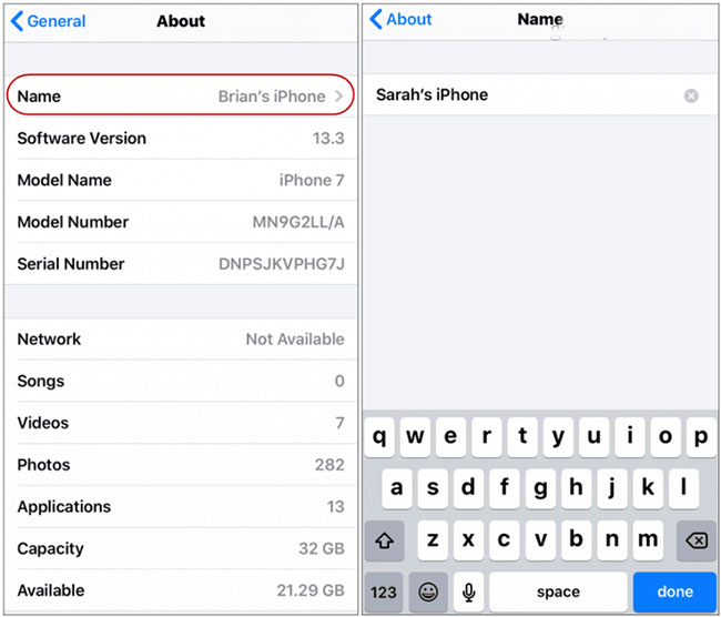 Đi đến Settings > General > About > Name
