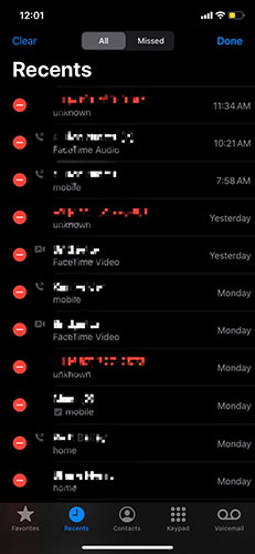 Delete individual phone calls by pressing the red button located to the left of each phone number in the tab "Recents"