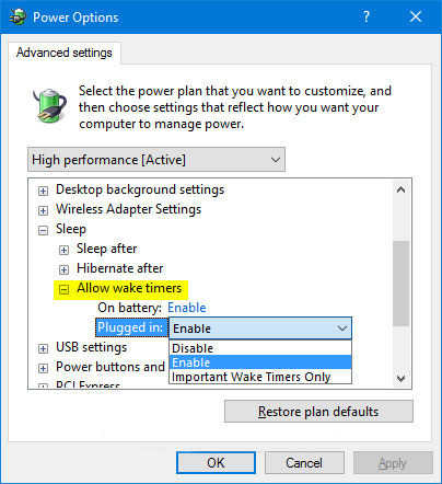 Thêm/xóa 'Allow wake timers' khỏi Power Options trong Windows 10