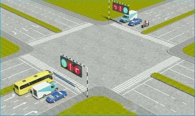 Câu hỏi 19: Theo tín hiệu đèn, xe nào phải dừng lại là đúng quy tắc giao thông?