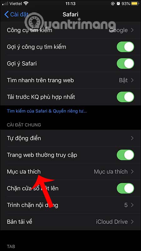 Tùy chỉnh mục ưa thích