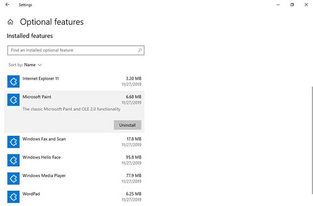 Paint và WordPad trở thành các tính năng tùy chọn