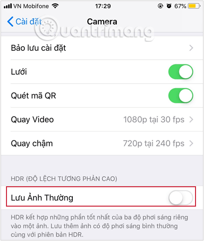 Tắt tính năng lưu ảnh thường trong HDR
