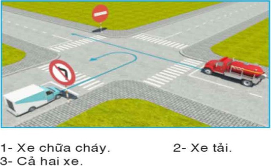 Câu hỏi 29: Đi theo hướng mũi tên, xe nào vi phạm quy tắc giao thông?