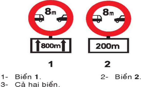 Câu hỏi 21: Biển nào báo hiệu chiều dài đoạn đường phải giữ cự ly tối thiểu giữa hai xe?