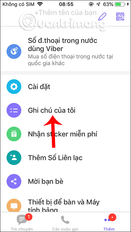 Mở mục Ghi chú