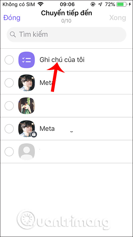 Chọn chuyển tiếp vào Ghi chú