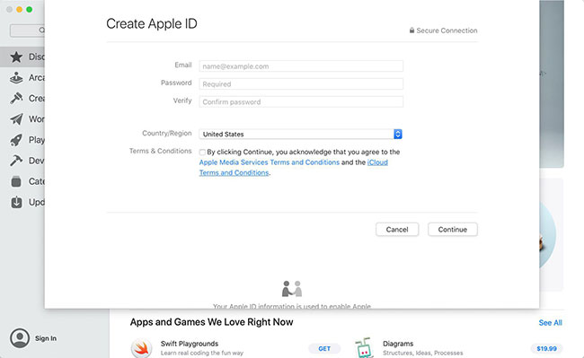 Chọn tùy tậu "Create Apple ID"