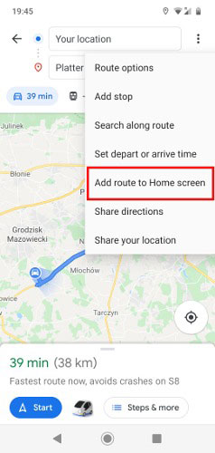 Nhấn vào Add route to Home screen