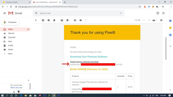 Mở mail đã đăng ký để nhận License Key và link tải về