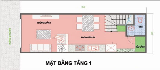 Tầng 1 được thiết kế gồm phòng khách, phòng ăn + bếp, nhà vệ sinh.