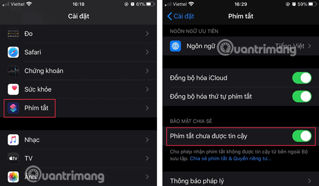 Cài đặt > Phím tắt và bật công tắc ở tùy chọn Phím tắt chưa được tin cậy
