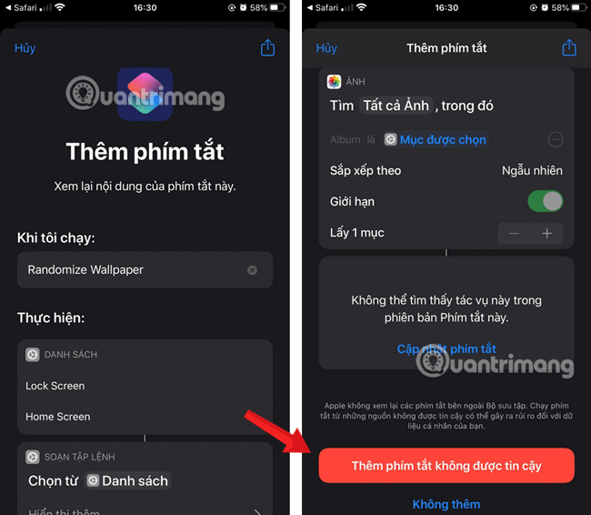Thử lại thêm Randomize Wallpaper vào thư viện Shortcut