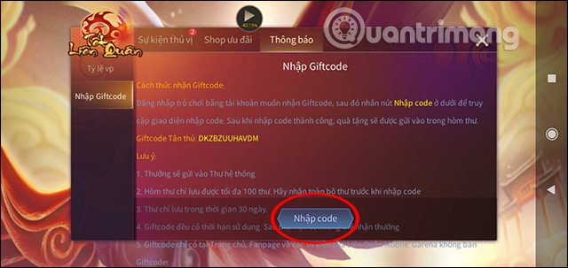 Nhập Giftcode 