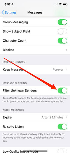 Bật Filter Unknown Senders