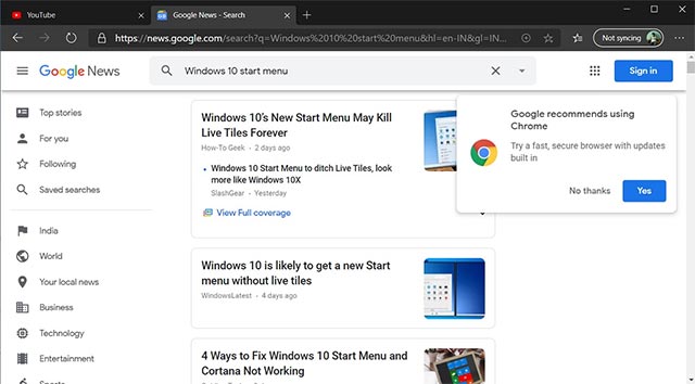Google khuyên người dùng chuyển sang dùng Chrome thay cho Edge