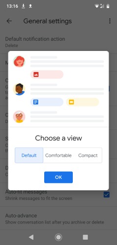 “Conversation list density” sẽ cần phải được đặt ở Default hoặc Comfortable