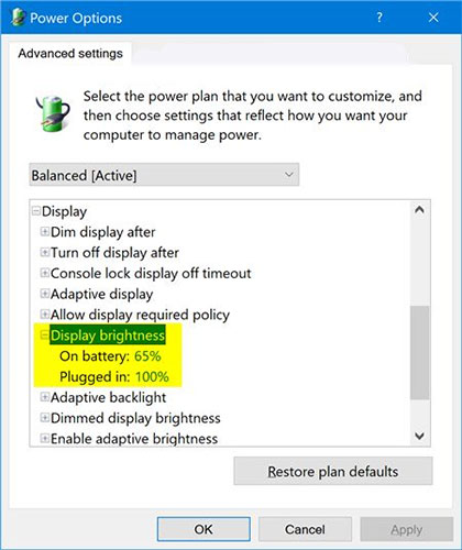 Cách thêm/xóa "Display brightness" khỏi Power Options trong Windows