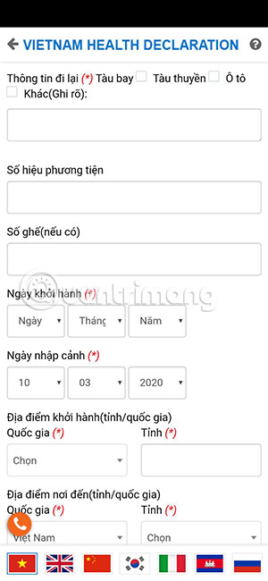 khai báo sức khỏe nhập cảnh