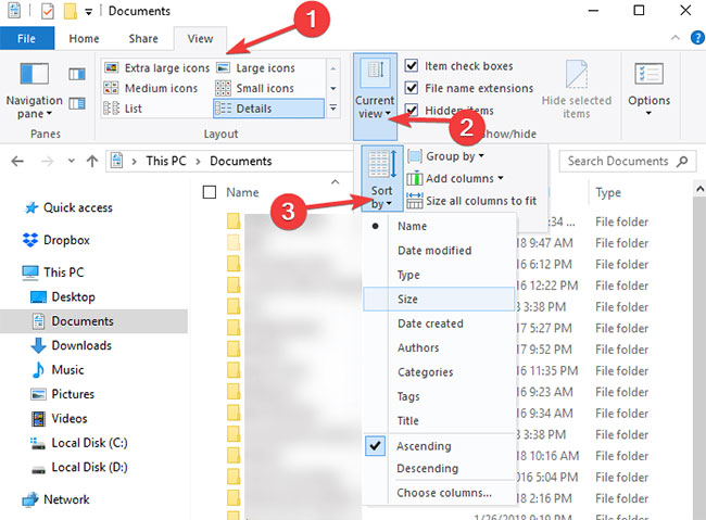 Tùy chọn Sort by cho phép bạn sắp xếp các file và thư mục của mình